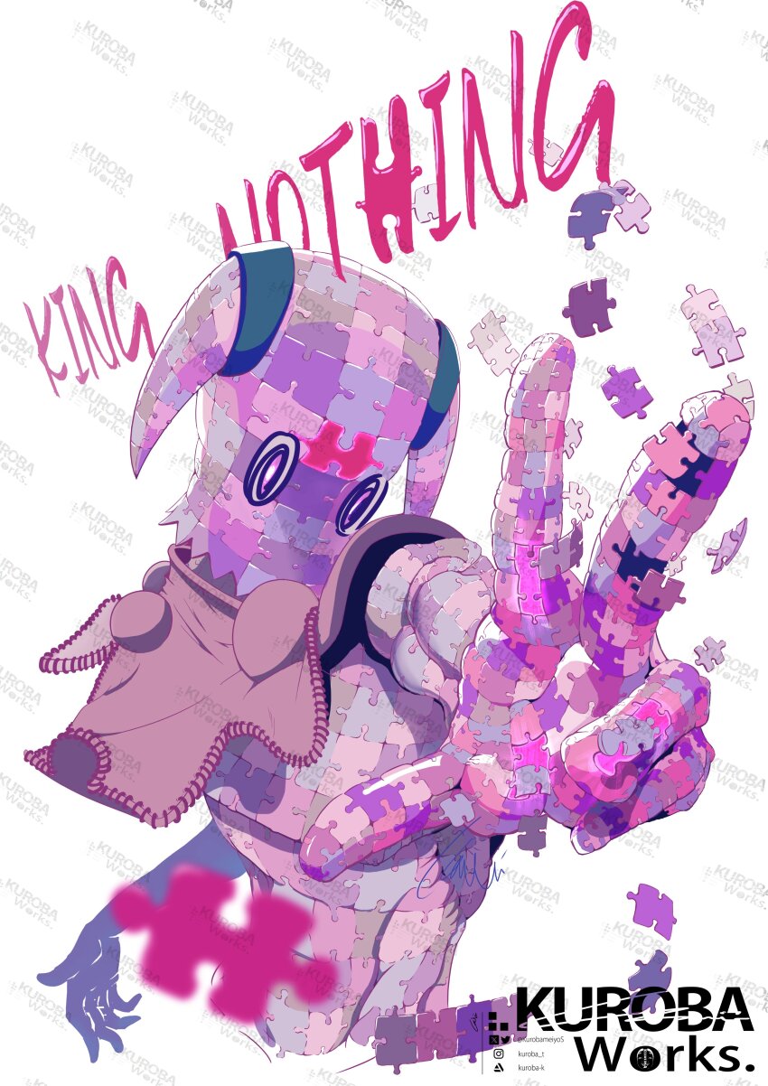 1other absurdres brown_capelet capelet character_name colored_skin highres jigsaw_puzzle jojo_no_kimyou_na_bouken jojolion king_nothing kurobameiyos multicolored_skin puzzle puzzle_piece stand_(jojo) upper_body v white_background