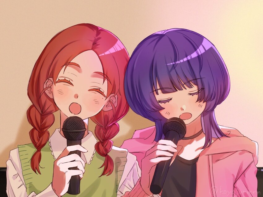 2girls :o ^_^ black_shirt blunt_bangs blush braid choker closed_eyes collared_shirt commentary fujii_ayame futsuu_no_keion-bu green_sweater_vest holding holding_microphone hood hood_down hooded_jacket indoors jacket karaoke long_hair microphone mole mole_under_eye multiple_girls music open_mouth parted_bangs pink_jacket purple_hair red_hair shirt side-by-side singing sinyojurn sweater_vest twin_braids twintails twitter_username u_u uchida_momo upper_body white_shirt wolf_cut