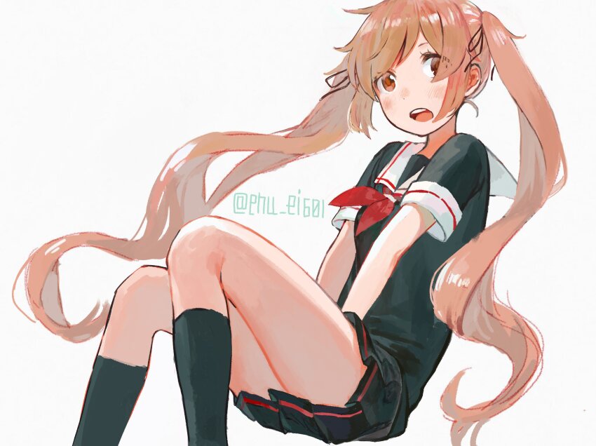 1girl absurdres black_ribbon black_shirt black_skirt black_socks blush brown_eyes brown_hair commentary_request feet_out_of_frame from_side hair_ribbon highres kantai_collection karamomo kneehighs long_hair looking_at_viewer murasame_(kancolle) neckerchief one-hour_drawing_challenge open_mouth pleated_skirt red_neckerchief ribbon sailor_collar shirt short_sleeves sidelocks simple_background sitting skirt socks solo swept_bangs teeth twintails twitter_username upper_teeth_only very_long_hair white_background white_sailor_collar