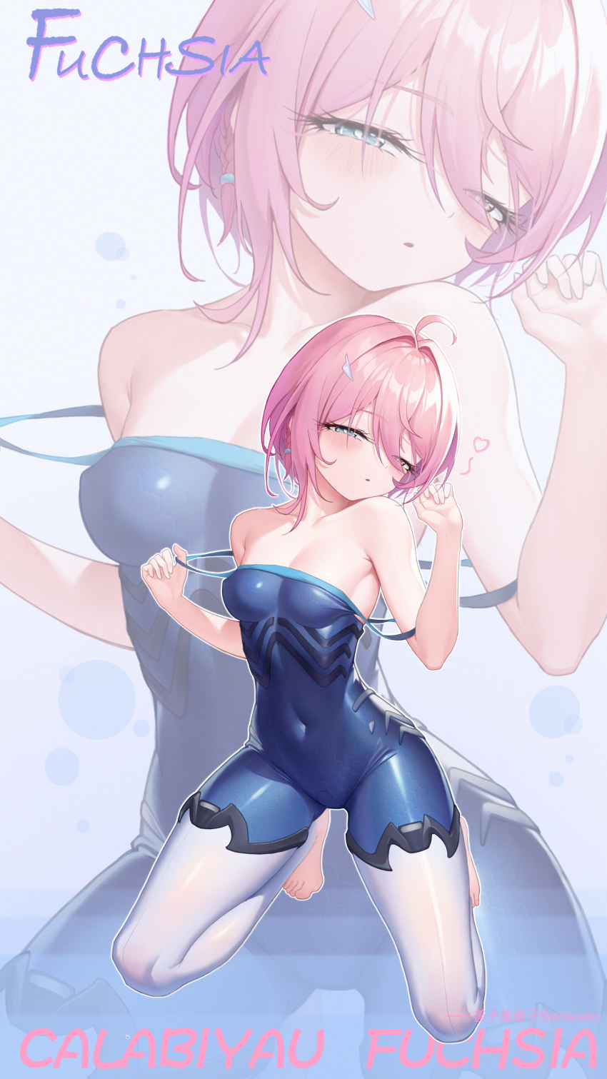 1girl absurdres ahoge armpit_crease artist_name bare_shoulders barefoot blue_eyes blue_wetsuit bodysuit braid breasts character_name chinese_commentary cleavage collarbone commentary_request copyright_name covered_navel diving_suit fuchsia_(strinova) full_body hair_between_eyes hair_ornament hairclip half-closed_eyes heart highres kneeling looking_at_viewer medium_breasts off_shoulder official_alternate_costume parted_lips pink_hair sensuko short_hair sidelocks solo strinova wetsuit zoom_layer