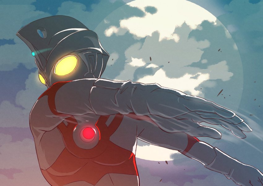 1boy alien cloud gloves glowing glowing_eyes highres moon no_humans peroringa portrait science_fiction solo tokusatsu ultra_series ultraman_ace ultraman_ace_(series) white_gloves yellow_eyes