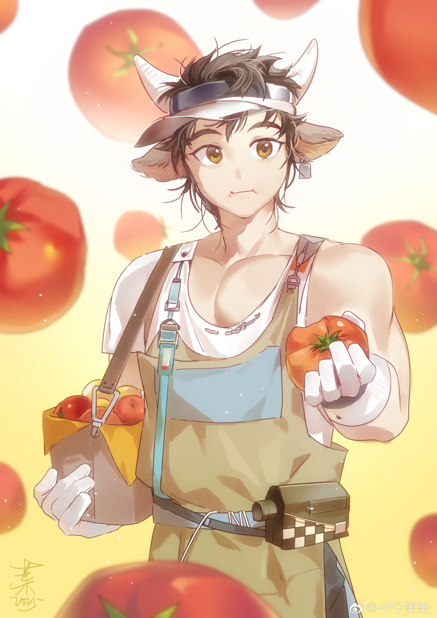 1boy absurdres animal_ears apron arknights brown_apron chinese_commentary commentary_request cow_boy cow_ears cow_horns food food_in_mouth fruit highres holding holding_food holding_fruit horns looking_at_viewer male_focus muscular muscular_male pectorals shirt single_sleeve tomato visor_cap wan_qing_(arknights) wan_qing_(tons_of_sunshine)_(arknights) watermark weibo_watermark white_shirt yan_tou_bu_xi_yan