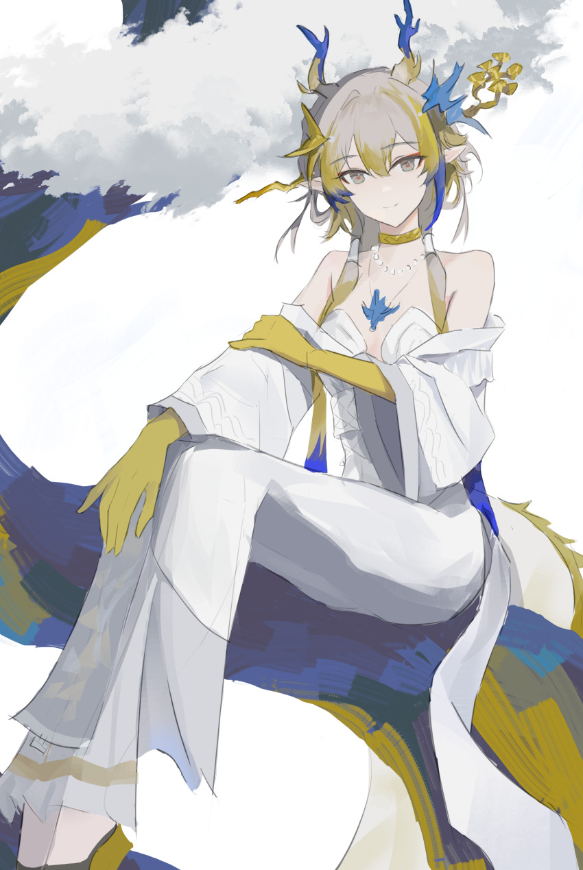 1girl absurdres ambience_synesthesia arknights bare_shoulders blonde_hair blue_hair choker closed_mouth colored_extremities commentary dragon_girl dragon_horns dragon_tail full_body grey_eyes grey_hair hair_between_eyes hand_on_own_arm hand_on_own_knee highres horns light_smile long_hair multicolored_hair off_shoulder official_alternate_costume pointy_ears shizuyumemi shu_(arknights) shu_(bingwenyuyou)_(arknights) simple_background sitting solo tail unfinished white_background yellow_choker