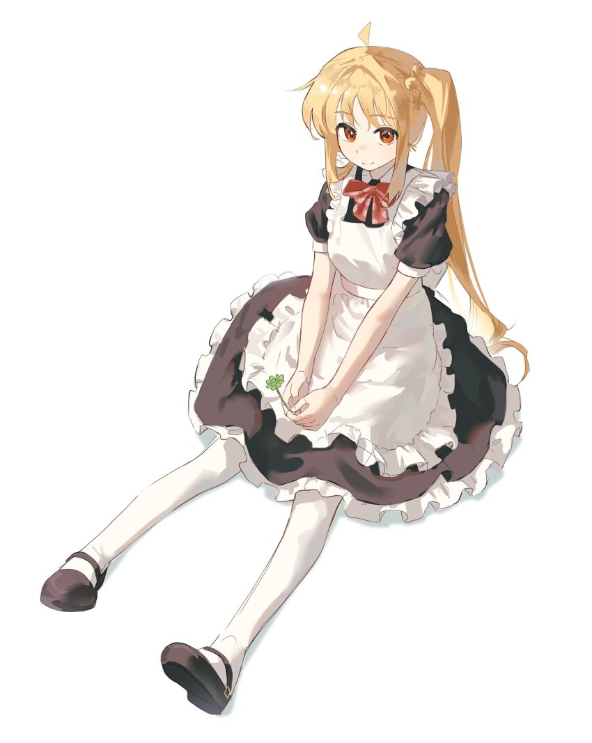 1girl ahoge alternate_costume apron back_bow black_dress black_shorts blonde_hair bocchi_the_rock! bow bowtie clover collared_dress commentary_request dress enmaided four-leaf_clover frilled_dress frills from_above full_body high_contrast highres holding holding_plant ijichi_nijika korean_commentary long_hair looking_at_viewer maid maid_apron mary_janes pantyhose plant polka_dot_bowtie puffy_short_sleeves puffy_sleeves red_bow red_bowtie red_eyes schu_1112 shadow shoes short_sleeves shorts side_ponytail sidelocks simple_background sitting smile solo very_long_hair white_apron white_background white_pantyhose