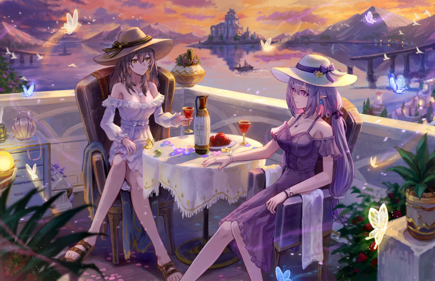 2girls absurdres alcohol alternate_costume arm_rest bare_shoulders boat bow breasts bright_pupils brown_hat bug butterfly castorice_(honkai:_star_rail) chair cleavage closed_mouth commentary_request commission crossed_legs cup dress drinking_glass earrings feet_out_of_frame food fruit full_body grey_hair hat hat_bow highres holding holding_cup honkai:_star_rail honkai_(series) hoop_earrings insect isome jewelry large_breasts long_hair looking_at_another low_twintails mountainous_horizon multiple_girls nail_polish necklace off-shoulder_dress off_shoulder on_chair outdoors pitcher_(container) pixiv_commission plant plate pointy_ears pomegranate potted_plant purple_dress purple_eyes purple_hair ring ruins sandals sitting smile star_(symbol) star_earrings stelle_(honkai:_star_rail) sun_hat sunset table tablecloth toenail_polish toenails trailblazer_(honkai:_star_rail) twintails very_long_hair water watercraft wedding_ring white_dress white_hat white_pupils wine wine_glass yellow_eyes yellow_nails