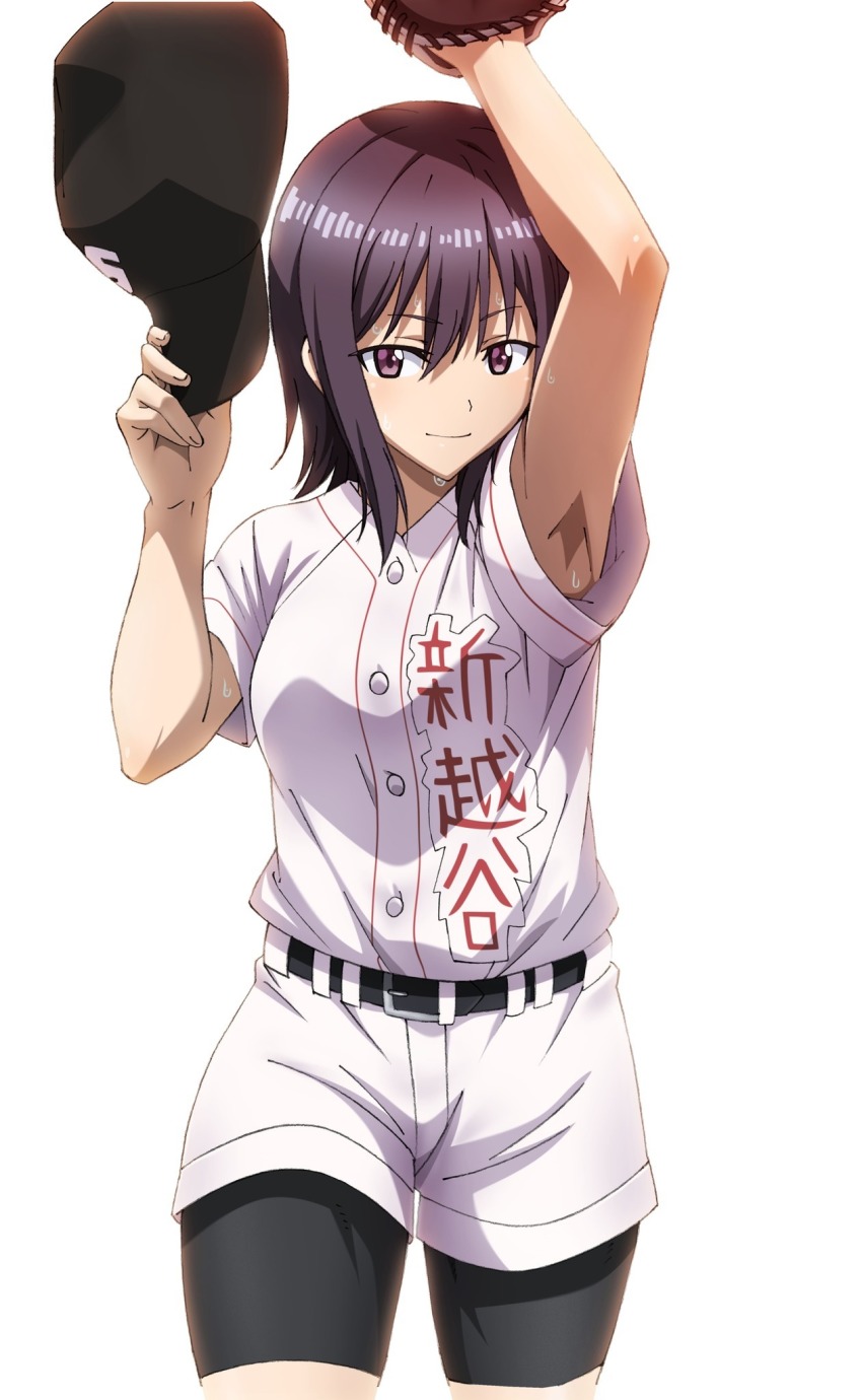 1girl armpits arms_up baseball baseball_bat baseball_cap baseball_glove baseball_jersey baseball_uniform belt brown_eyes brown_hair closed_mouth clothes_writing gloves hat helmet highres holding holding_unworn_clothes holding_unworn_hat jersey kikuta_kouichi muscular okada_rei short_sleeves shorts simple_background smile sportswear standing sweat tamayomi unworn_hat unworn_headwear white_background
