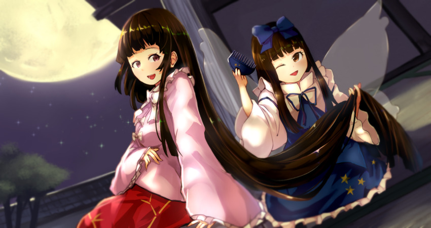 2girls absurdres amatou3 architecture bamboo_print blue_bow blue_ribbon blunt_bangs bow breasts brown_eyes brown_hair brushing_another&#039;s_hair brushing_hair dutch_angle east_asian_architecture fairy_wings frilled_sleeves frills hair_bow hand_in_another&#039;s_hair highres houraisan_kaguya long_hair long_sleeves long_tongue looking_at_viewer moon multiple_girls neck_ribbon night one_eye_closed open_mouth outdoors pink_shirt print_skirt red_skirt ribbon shirt skirt small_breasts star_sapphire tongue touhou tree very_long_tongue white_shirt wide_sleeves wings