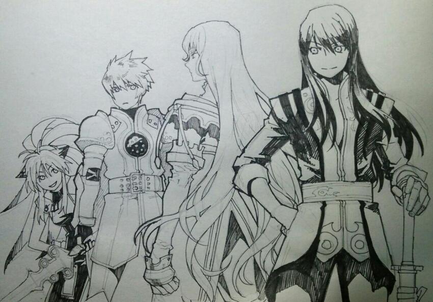 1girl 3boys animal_ears armor china_dress chinese_clothes closed_mouth dress duke_pantarei flynn_scifo fox_ears gloves greyscale holding holding_sword holding_weapon indesign long_hair monochrome multicolored_hair multiple_boys ponytail project_x_zone simple_background smile sword tales_of_(series) tales_of_vesperia two-tone_hair weapon white_background xiaomu yuri_lowell