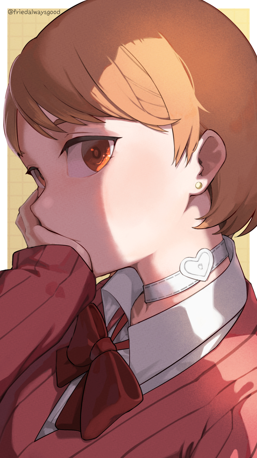 1girl absurdres blush border bow bowtie brown_eyes brown_hair cardigan choker collared_shirt commentary covering_own_mouth earrings fcgc_(friedalwaysgood) hand_on_own_cheek hand_on_own_face hand_over_own_mouth head_rest heart heart_choker highres jewelry long_sleeves looking_at_viewer loose_bowtie outside_border persona persona_3 pink_cardigan red_bow red_bowtie ribbed_cardigan shirt short_hair solo stud_earrings takeba_yukari twitter_username upper_body white_border white_choker white_shirt