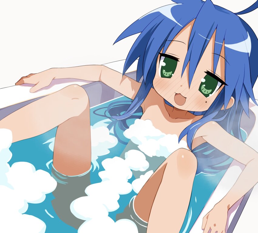 1girl :3 absurdres ahoge armpits bathtub blue_hair blush collarbone completely_nude convenient_censoring dot_nose feet_out_of_frame flat_chest foam_on_body green_eyes hair_between_eyes highres in_bathtub indoors izumi_konata jitome long_hair looking_at_viewer lucky_star mole mole_under_eye no_pupils nude ogaoekaki open_mouth sidelocks simple_background smile soap_bubbles soap_censor solo spread_legs straight_hair white_background