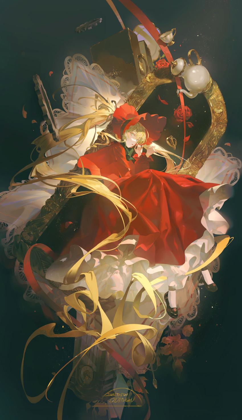 1girl absurdly_long_hair absurdres black_shoes blonde_hair blue_eyes bonnet clock commentary cup ddingu dress english_commentary flower gears gradient_background green_background handkerchief highres long_hair long_sleeves looking_at_viewer mirror parted_lips red_bonnet red_dress red_flower red_rose rose rozen_maiden shinku shoes solo suitcase teacup teapot very_long_hair watermark
