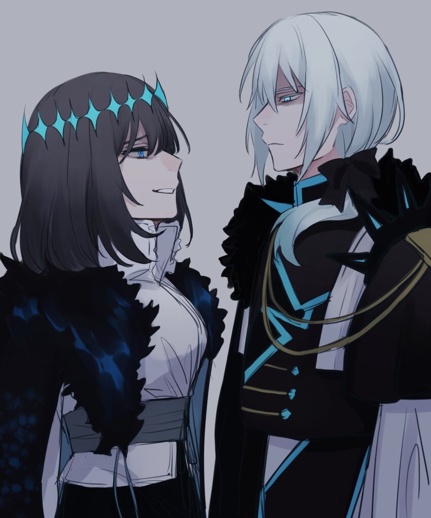 1boy 1girl black_bow black_cape black_coat black_hair blue_eyes bow breasts buttons cape coat crown double-breasted evil_grin evil_smile eye_contact fate/grand_order fate_(series) from_side frown fur-trimmed_cape fur_trim genderswap genderswap_(ftm) genderswap_(mtf) grey_background grin hair_bow hair_over_shoulder highres long_hair long_sleeves looking_at_another low_ponytail medium_breasts medium_hair morgan_le_fay_(fate) oberon_(fate) oberon_(third_ascension)_(fate) ponytail popped_collar profile sash shaded_face shirt shoulder_sash sidelocks simple_background smile sumi_(gfgf_045) white_cape white_hair white_shirt