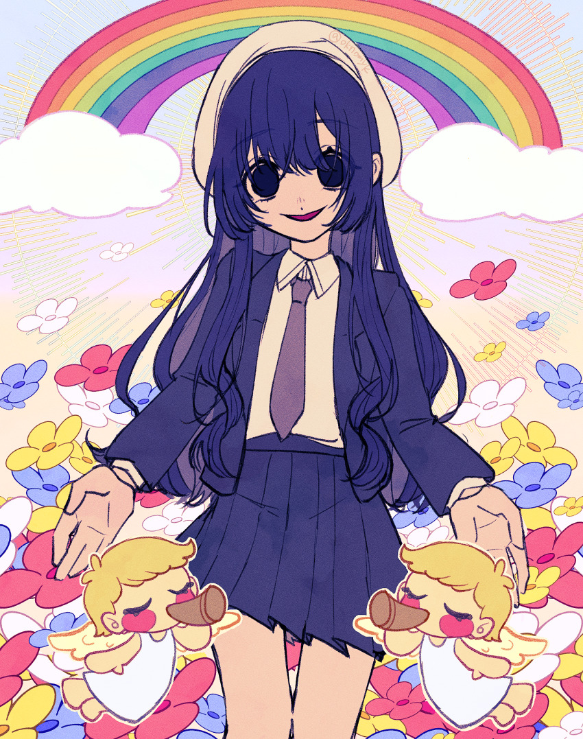 1girl 2others angel angel_wings beret black_eyes blazer blonde_hair blue_hair blue_jacket blue_skirt blush_stickers cloud dress empty_eyes flower hat highres jacket kimi_no_koto_ga_dai_dai_dai_dai_daisuki_na_100-nin_no_kanojo light_rays long_hair multiple_others necktie oknomyk open_clothes open_jacket parted_lips pleated_skirt purple_necktie rainbow school_uniform shirt skirt twitter_username white_dress white_hat white_shirt wings zetsubouda_meru