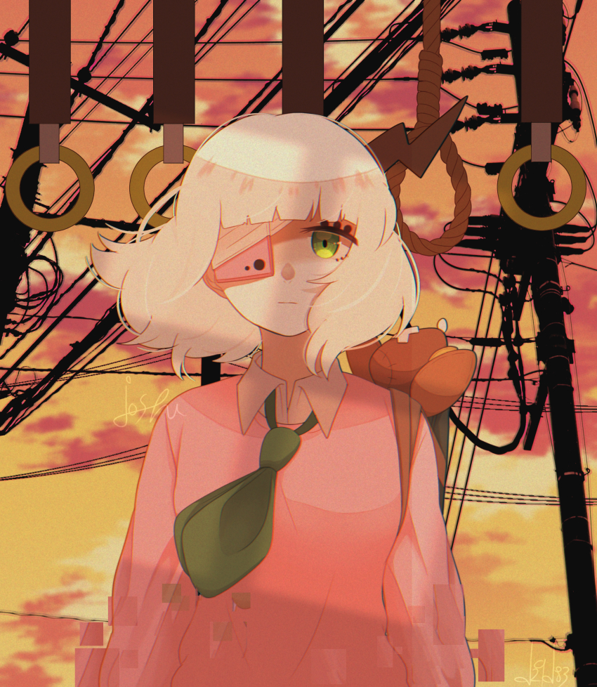 1girl bandaged_head bandages black_horns blunt_bangs cellphone collared_shirt d29d83 day expressionless eyepatch floating_neckwear glitch green_eyes green_neckerchief green_skirt highres horns long_sleeves neckerchief noose orange_sky outdoors phone phone_eyepatch pink_sweater ruru_(shinsei_kamattechan) shinsei_kamattechan shirt short_hair signature single_horn skirt sky solo standing stuffed_animal stuffed_mouse stuffed_toy sunset sweater train_station upper_body white_hair white_shirt