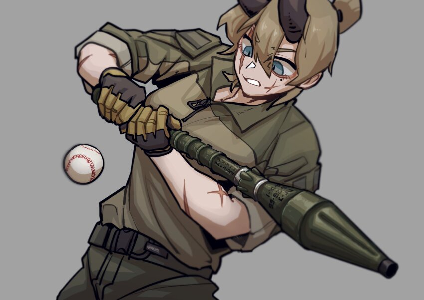 baseball blue_eyes epakim highres horns non-web_source original ponytail rocket rocket_launcher rpg rpg-7 rpg_(weapon) scar tactical_clothes weapon wide-eyed
