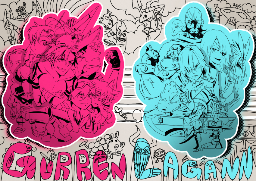 00s 3girls 6+boys adiane animal animal_on_head beard boota_(ttgl) clenched_hand crossed_arms cytomander dai-gurren dekabutsu enki_(gurren_lagann) facial_hair fingerless_gloves frown gloves goggles goggles_on_head guame gurren gurren-lagann hair_over_one_eye kamina_(ttgl) kikuchi kikuchi_(xpoz) king_kittan kittan_bachika lagann lazengann lordgenome mecha monochrome multiple_boys multiple_girls nia_teppelin on_head oversized_limbs robot rossiu_adai simon_(ttgl) tattoo tengen_toppa_gurren_lagann thymilph viral_(ttgl) yoko_littner