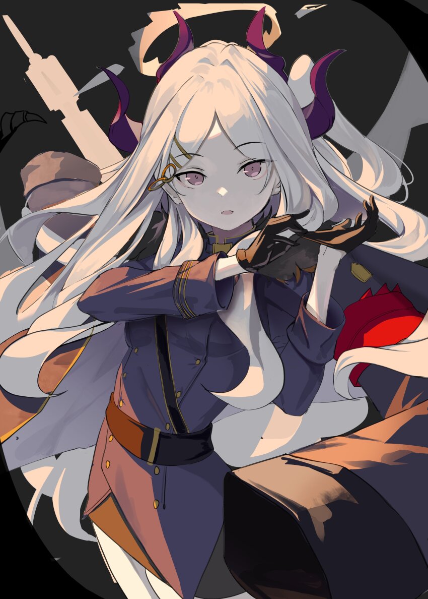 1girl absurdres black_gloves black_horns black_skirt blue_archive cowboy_shot dampi demon_horns gloves halo highres hina_(blue_archive) horns long_hair long_sleeves looking_at_viewer multiple_horns open_mouth parted_bangs purple_eyes skirt solo very_long_hair white_hair