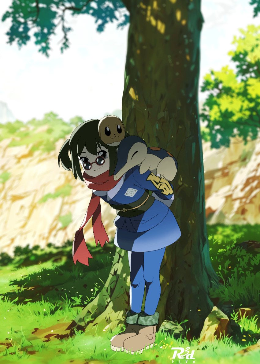 1girl akari_(pokemon) black_eyes black_hair black_sash blue_jacket blue_leggings blue_skirt blurry blurry_background brown_shoes character_mask character_print closed_mouth cyndaquil day eevee eyelashes gen_1_pokemon gen_2_pokemon grass green_socks highres jacket leaning_forward leggings leggings_under_skirt logo looking_at_viewer mask mask_on_head mixed-language_commentary nintendo outdoors pokemon pokemon_(creature) pokemon_legends:_arceus pokemon_on_back r3dfive red_scarf sash scarf shadow shoes skirt smile socks standing sunglasses tree