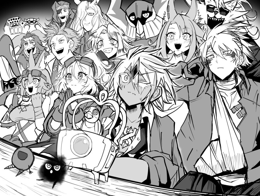albaz_(yu-gi-oh!) character_request duel_monster ecclesia_(yu-gi-oh!) goggles goggles_on_head greyscale group_picture highres long_hair monochrome movie_projector one_eye_closed sharp_teeth short_hair synchroman teeth yu-gi-oh!