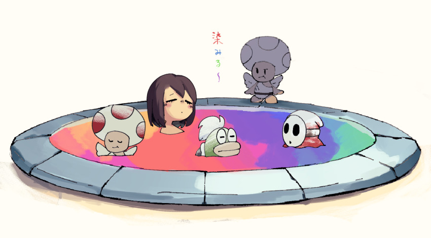 1boy angel_wings black_eyes brown_hair closed_eyes closed_mouth colored_pencils_(paper_mario) commentary_request light_blush looking_at_another mario_(series) mumumu57hiro nintendo onsen paper_mario paper_mario:_the_origami_king partially_submerged personification rainbow_gradient shangri-spa_toad short_hair shy_guy simple_background solid_oval_eyes spike_(mario) standing toga translation_request white_background white_wings wings