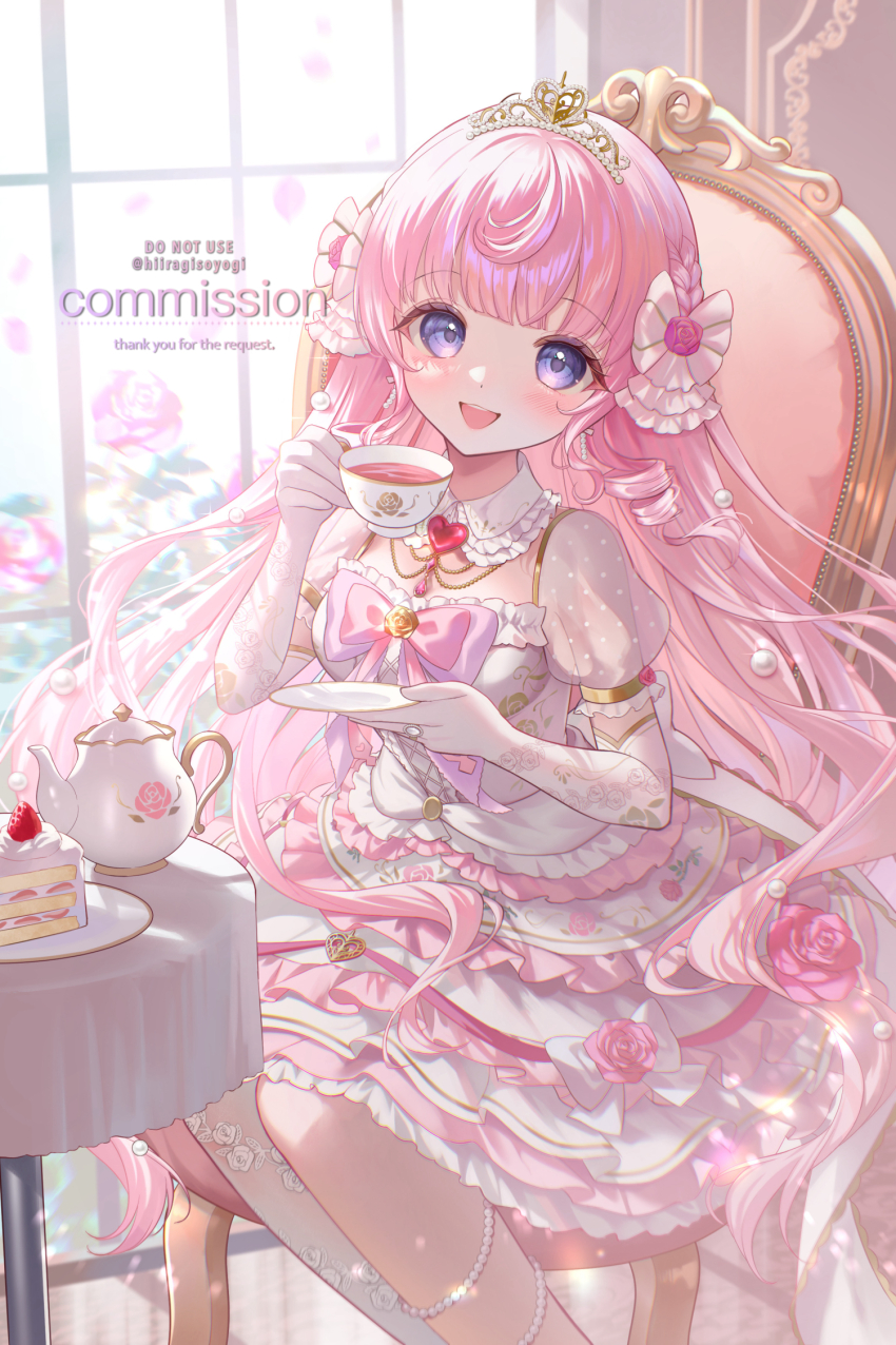 1girl bow cake chair collar commission cup dress elbow_gloves flower food gloves hair_bow heart_collar highres hiiragisoyogi himeno_aimu holding holding_cup holding_plate indie_virtual_youtuber indoors jewelry long_hair looking_at_viewer necklace pink_bow pink_dress pink_flower pink_hair plate puffy_short_sleeves puffy_sleeves purple_eyes see-through_clothes see-through_sleeves short_sleeves sitting skeb_commission solo teacup teapot tiara two-tone_dress very_long_hair virtual_youtuber watermark white_bow white_collar white_dress white_gloves