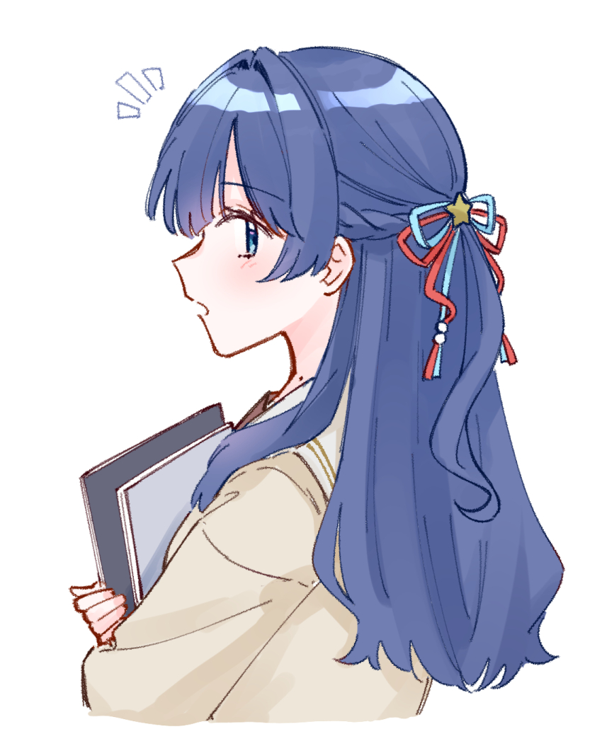 1girl blue_eyes blue_hair blue_ribbon blush braid brown_cardigan cardigan cropped_torso from_behind hair_intakes hair_ornament hair_ribbon half_up_braid half_updo highres link!_like!_love_live! long_hair looking_back love_live! mole mole_on_neck murano_sayaka notice_lines open_mouth profile red_ribbon ribbon simple_background solo star_(symbol) star_hair_ornament upper_body virtual_youtuber white_background winter_uniform zangemiya