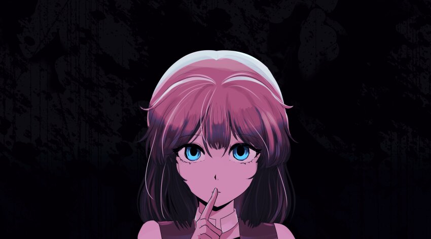 1other absurdres androgynous bare_shoulders black_background blue_eyes brown_hair choker cine_hamal ex_mugennumaya expressionless eyelashes finger_to_mouth hair_between_eyes highres jacket kuzu_suzumi len&#039;en medium_hair no_headwear open_clothes open_jacket orange_jacket other_focus parted_lips simple_background sleeveless sleeveless_jacket solo upper_body white_choker