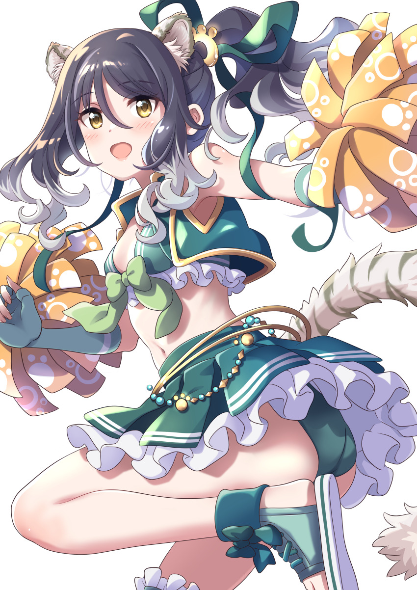 1girl absurdres alternate_costume alternate_hairstyle animal_ears armpits ass black_hair breasts cheerleader collarbone commentary_request hair_ornament highres leg_up looking_at_viewer multicolored_hair navel open_mouth panties pom_pom_(cheerleading) princess_connect! shiori_(princess_connect!) streaked_hair swimsuit tail tiger_ears tiger_girl tiger_tail tsukachii underwear white_background yellow_eyes