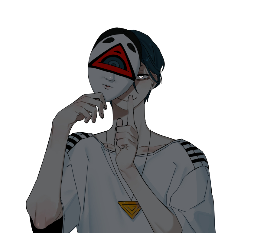 1boy absurdres blue_hair closed_mouth commentary_request covering_face finger_to_mouth hair_between_eyes hands_up highres holding holding_mask index_finger_raised looking_at_viewer maelo male_focus mask meguriya_ayumu short_hair short_sleeves shushing simple_background smile solo toshi_densetsu_kaitai_center triangle_necklace upper_body white_background white_eyes