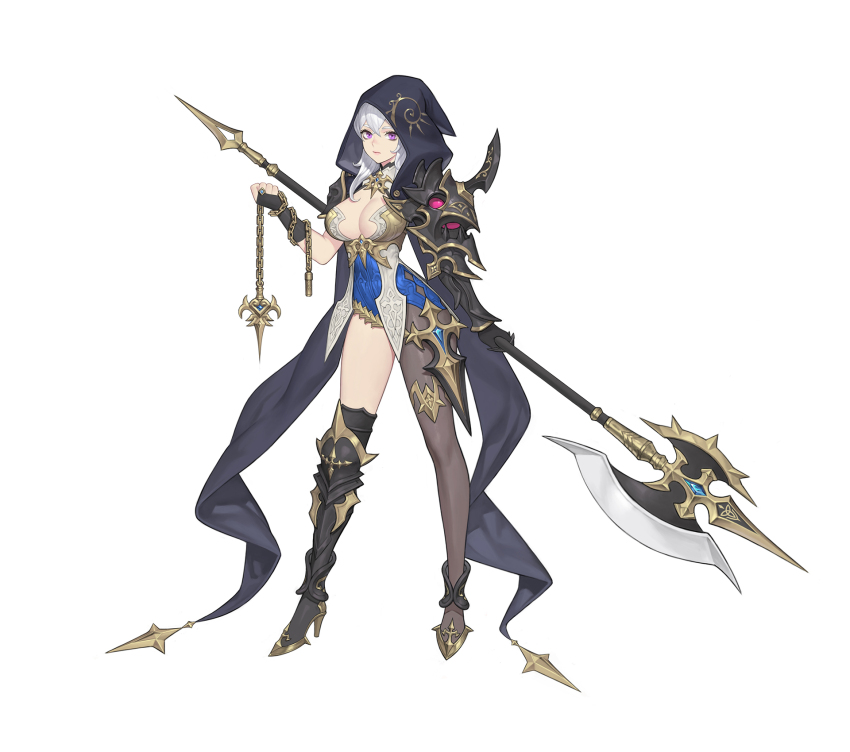 1girl armor axe black_gloves black_hood blue_dress breasts cleavage dress fingerless_gloves gloves greaves hair_between_eyes high_heels highres holding holding_axe large_breasts long_hair looking_at_viewer original potatoy purple_eyes shoulder_armor sidelocks single_fingerless_glove single_greave single_leg_pantyhose