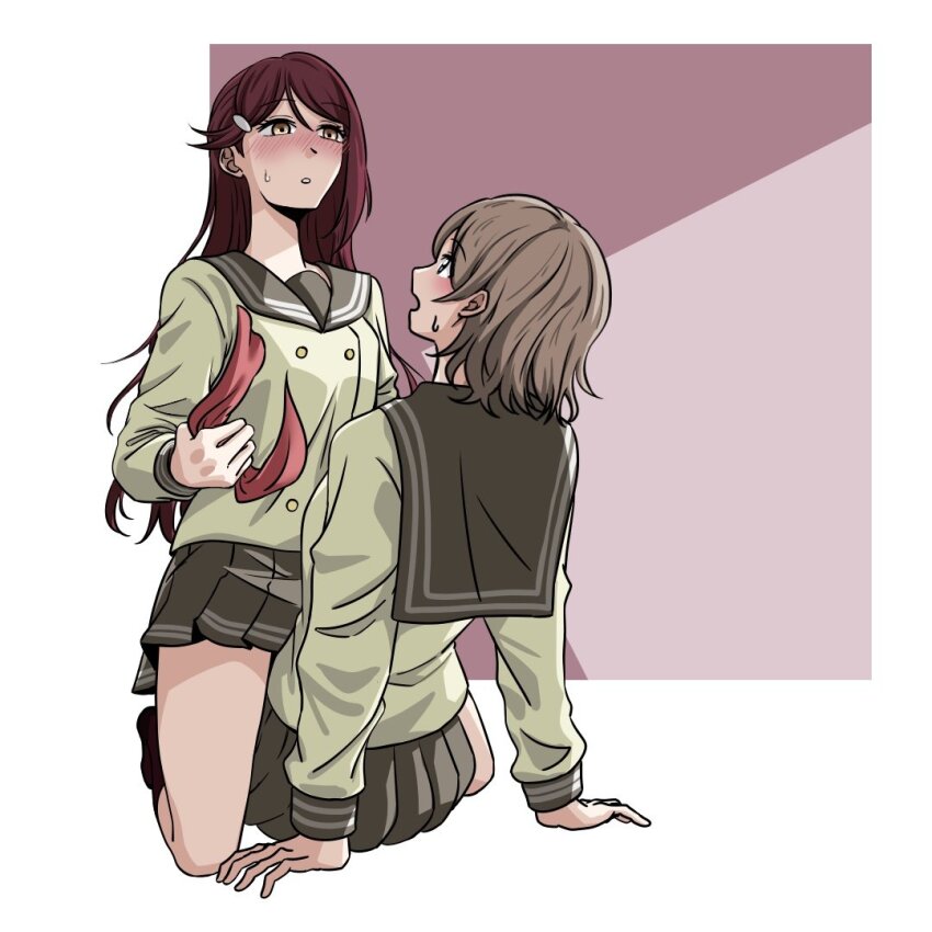 2girls blush cottonswab336 looking_down looking_up love_live! love_live!_sunshine!! multiple_girls sakurauchi_riko school_uniform sitting sitting_on_person undressing watanabe_you yuri