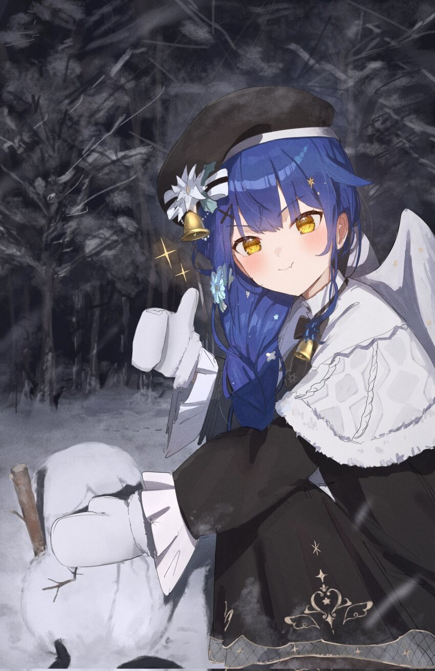 1girl amamiya_kokoro bell beret black_bow black_bowtie black_dress black_hat blue_hair blush bow bowtie capelet dress flower forest frilled_sleeves frills gloves hand_warmer hat hat_bell hat_bow hat_flower highres kouchanthree long_dress long_hair long_sleeves looking_at_viewer nature neck_bell nijisanji pointy_hair smile snowman solo sparkle squatting thumbs_up virtual_youtuber white_capelet wings winter yellow_eyes