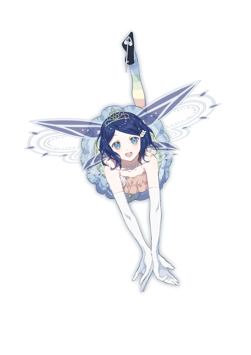 1girl absurdres black_shoes blue_eyes blue_hair brooch circle_skirt commentary_request dancing dot_nose dress elbow_gloves eyelashes flower flower_brooch frilled_dress frills from_above full_body gloves hair_ornament hairclip highres ice_skates idol jewelry light_blush looking_at_viewer morgue_(southsakura) multicolored_dress multicolored_pantyhose open_mouth outstretched_arms pantyhose pretty_rhythm pretty_rhythm_rainbow_live pretty_series rainbow_gradient rinne_(pretty_rhythm) rose shoes short_dress short_hair simple_background skates smile solo strapless strapless_dress striped_clothes striped_pantyhose tareme teeth tiara upper_teeth_only white_background white_flower white_gloves white_rose