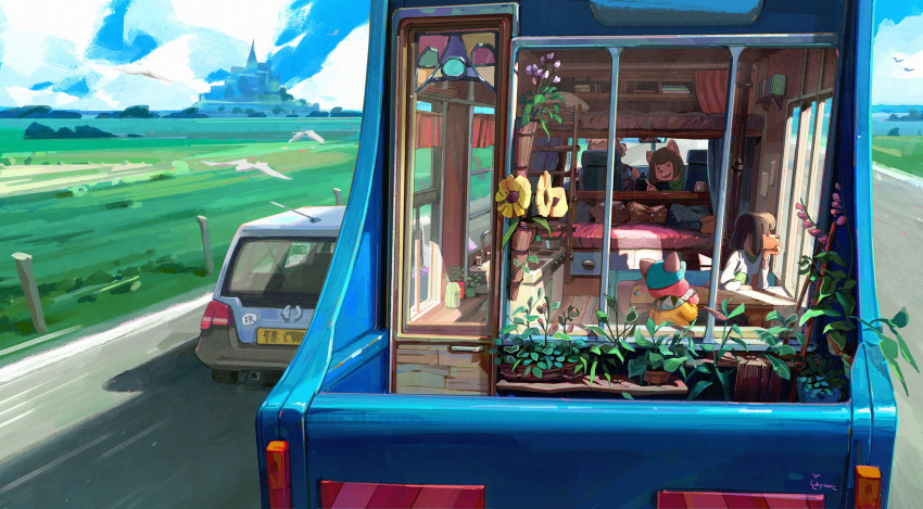 artist_name aymeric_kevin bird car castle cloud day door flower flying furry grass highres motor_vehicle original outdoors plant potted_plant road scenery signature sitting sky smile street sunlight window yellow_flower