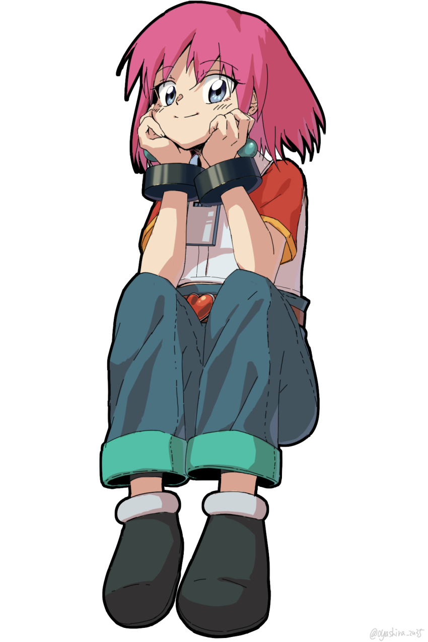1girl beauty_(bobobo-bo_bo-bobo) belt bobobo-bo_bo-bobo closed_mouth denim earrings full_body highres jeans jewelry looking_at_viewer pants pink_hair simple_background smile solo white_background