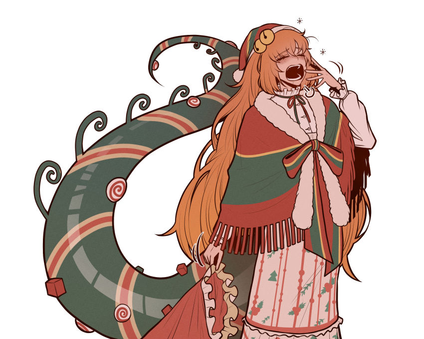 1girl arm_at_side blush christmas christmas_nightmare_(e.g.o) christmas_tree_print closed_eyes collared_shirt e.g.o_(project_moon) frilled_shirt_collar frills front_bow fur-trimmed_shawl fur_trim hand_up hat hat_bell highres holding ishmael_(project_moon) limbus_company long_hair long_skirt misg1111 neck_ribbon orange_hair print_skirt project_moon ribbon santa_hat shawl shirt simple_background skirt solo squeans striped_shawl tail very_long_hair white_background yawning