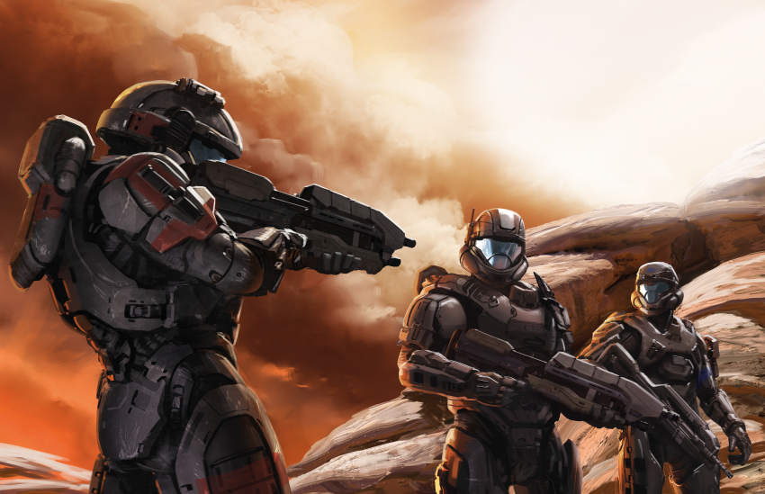 3boys absurdres aiming armor assault_rifle assault_visor battle_rifle betrayal br55 bullpup combat_knife edward_buck gun halo_(series) helmet highres isaac_hannaford knife kojo_&quot;romeo&quot;_agu looking_at_another ma5 michael_&quot;mickey&quot;_crespo multiple_boys odst official_art power_armor rifle spartan_(halo) spoilers weapon