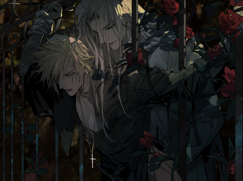 2boys alternate_universe blonde_hair blouse cloud_strife collared_shirt cross cross_necklace evening fence final_fantasy final_fantasy_vii flower foliage highres holding_another&#039;s_wrist iron_fence jewelry long_hair messy_hair multiple_boys necklace night nun red_flower red_rose rose rose_bush sephiroth shirt short_hair smirk spiked_hair sweat white_hair white_shirt xiandao1213 yaoi