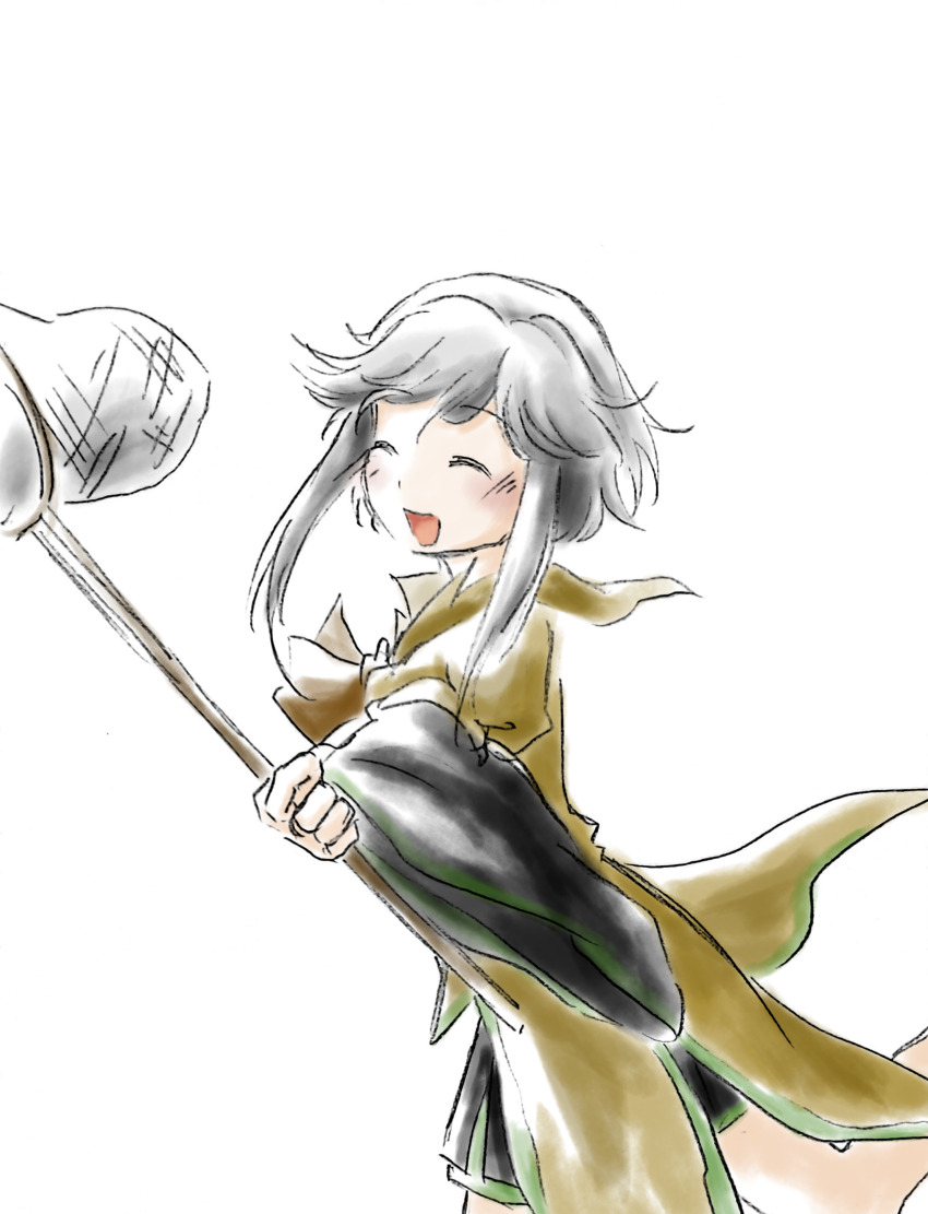 1other absurdres androgynous ascot baila_kuangzi black_shirt black_shorts brown_ascot butterfly_net chinese_commentary closed_eyes coat commentary_request green_trim grey_hair hand_net highres holding holding_butterfly_net houlen_yabusame layered_sleeves len&#039;en long_sleeves open_mouth other_focus puffy_short_sleeves puffy_sleeves shirt short_hair_with_long_locks short_over_long_sleeves short_sleeves shorts sketch smile solo wide_sleeves yellow_coat