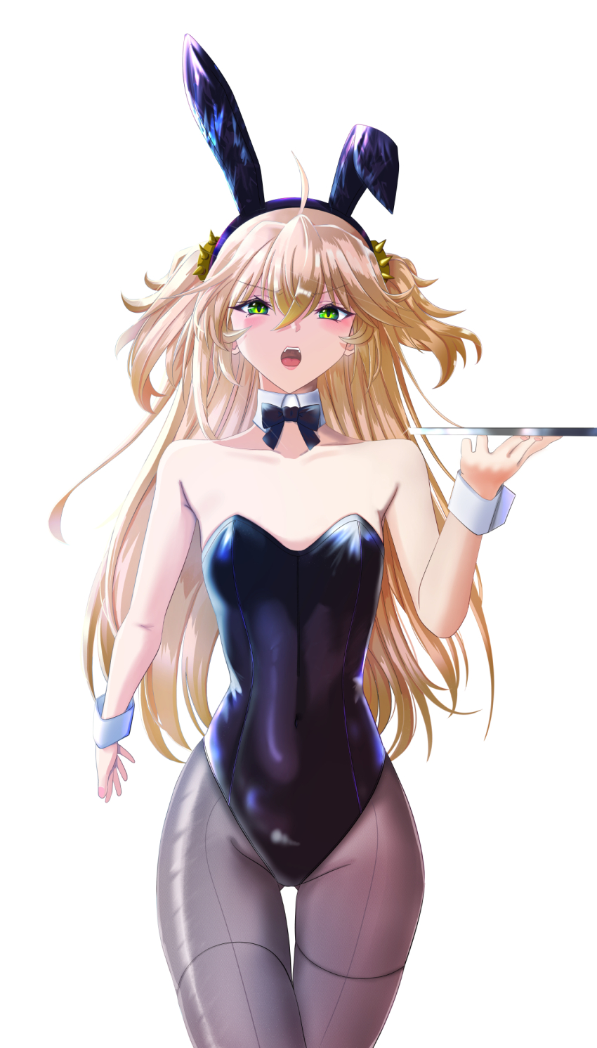 1girl admiral_hipper_(azur_lane) animal_ears azur_lane bare_shoulders black_bow black_bowtie black_leotard blonde_hair bow bowtie breasts cowboy_shot detached_collar fake_animal_ears green_eyes grey_pantyhose hair_between_eyes highres leotard mole mole_under_eye mononokeotoko01 open_mouth pantyhose playboy_bunny rabbit_ears small_breasts solo strapless strapless_leotard two_side_up wrist_cuffs