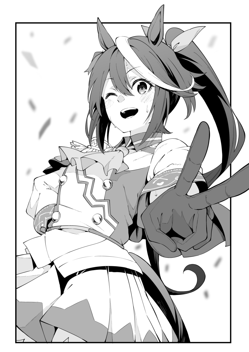 1girl absurdres animal_ears ascot confetti gloves greyscale hand_on_own_hip high_ponytail highres horse_ears horse_girl long_hair monochrome one_eye_closed ponytail skirt solo sweat tokai_teio_(umamusume) tsukamoto_minori umamusume v