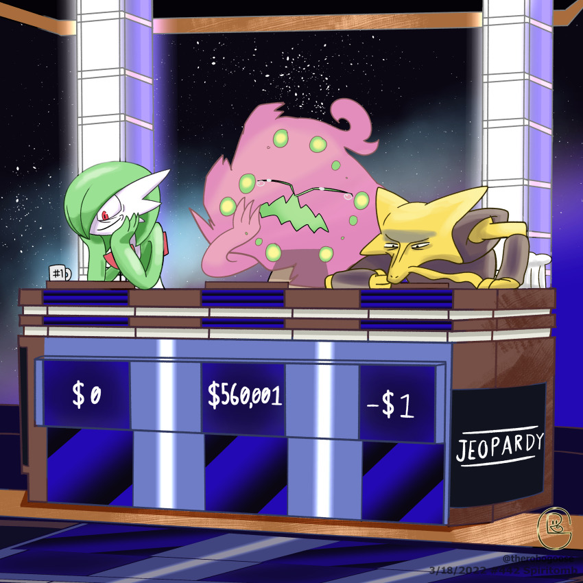 absurdres alakazam artist_name bob_cut closed_eyes coffee_mug colored_skin cup forced_smile gardevoir gen_1_pokemon gen_3_pokemon gen_4_pokemon ghost green_hair hair_over_one_eye hands_on_own_face highres jeopardy! leaning_on_table mug multicolored_skin nintendo open_mouth pink_eyes pokemon pokemon_(creature) spiritomb teardrop therobogoose tv_show two-tone_skin white_skin yawning yellow_skin
