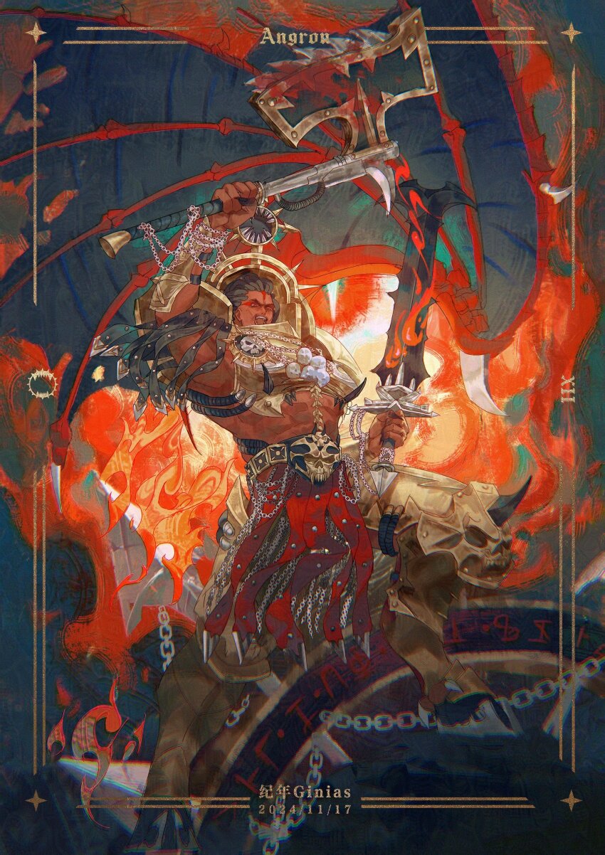 1boy abs absurdres angron armor artist_name axe blurry breastplate butchers_nails chain chaos_(warhammer) character_name chromatic_aberration commentary cuirass dated demon_primarch demon_wings depth_of_field dynamic_pose english_commentary facepaint fire ginias gold_armor gold_border highres holding holding_axe holding_sword holding_weapon hooves khorne leg_armor male_focus open_mouth pauldrons pelvic_curtain poleyn power_armor primarch red_eyes roman_numeral sharp_teeth shoulder_armor skull solo star_(symbol) sword teeth vambraces warhammer_40k weapon wings world_eaters