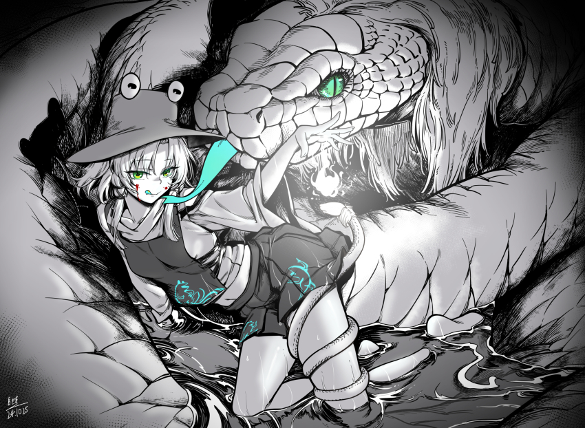 1girl :q bare_legs barefoot blood blood_on_face closed_mouth dated full_body giant_snake green_eyes hair_ribbon hat highres kneeling licking_lips limited_palette long_sleeves looking_at_viewer midriff miniskirt moriya_suwako navel oversized_animal partially_submerged pleated_skirt qingwa_chi_she ribbon shirt short_hair_with_long_locks sidelocks skirt snake soles solo tongue tongue_out touhou tress_ribbon turtleneck vest wet wide_sleeves