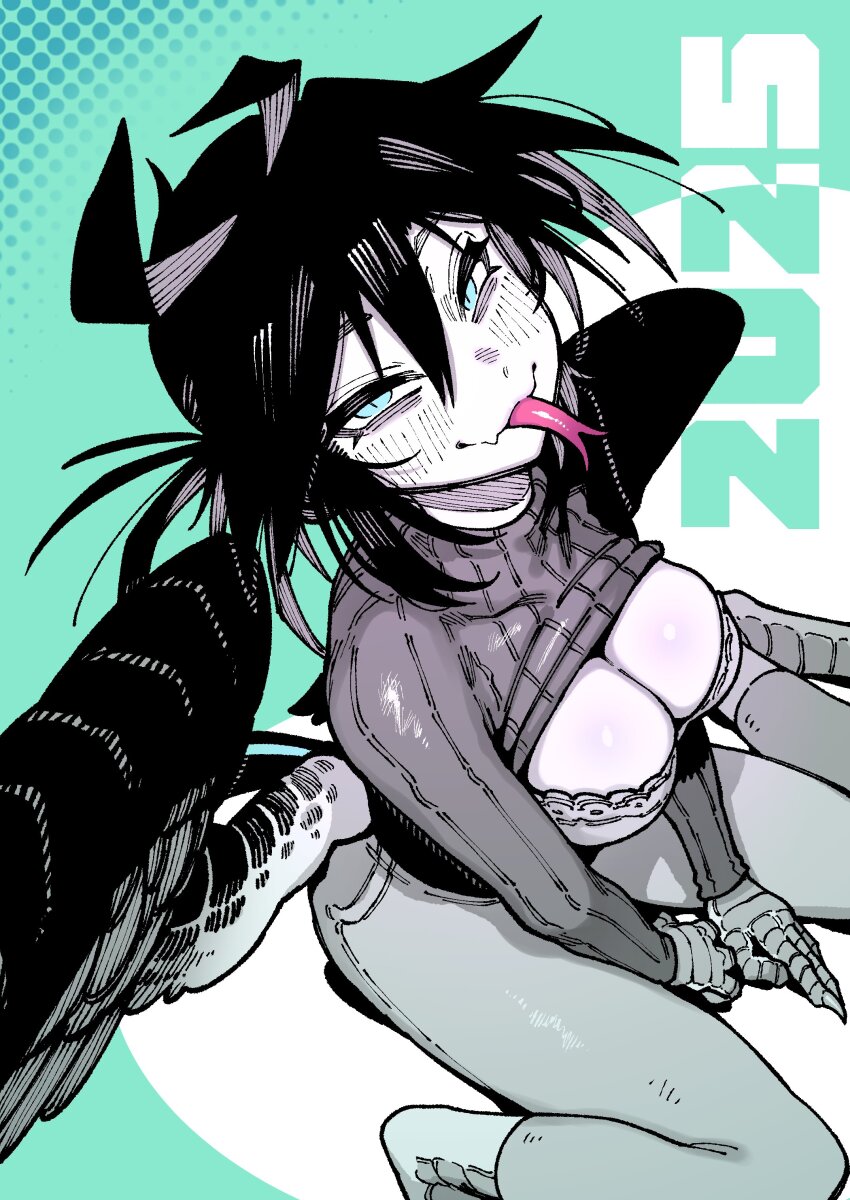 absurdres black_hair breasts cleavage crow-chan_(karasu_raven) fang forked_tongue highres karasu_raven long_tongue looking_at_viewer pants smile tagme tongue tongue_out