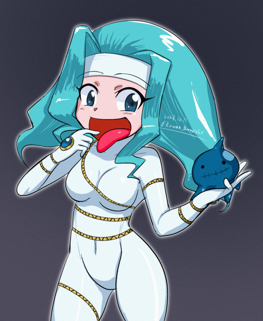 1girl absurdres blue_eyes bodysuit breasts cosplay curvy dated digimon digimon_xros_wars drippin_(digimon) duplicate elbow_gloves female_focus gloves happy heart highres kouma_bonmaid looking_at_viewer medium_breasts naughty_face open_mouth ruka_(digimon) shiny_clothes smile solo splashmon splashmon_(cosplay) tight_clothes tongue tongue_out
