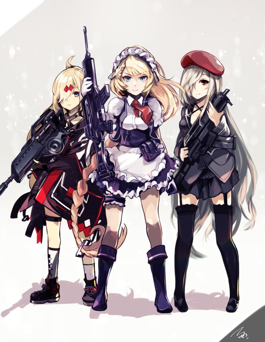 3girls beret beta_c-mag blonde_hair blue_eyes double-drum_magazine drum_magazine g36_(girls&#039;_frontline) g36c_(girls&#039;_frontline) garter_straps girls&#039;_frontline green_hair gun h&amp;k_mg36 hat high-capacity_magazine highres kneehighs long_hair magazine_(weapon) maid mg36_(girls&#039;_frontline) mineta_naoki multiple_girls red_eyes socks thighhighs very_long_hair weapon