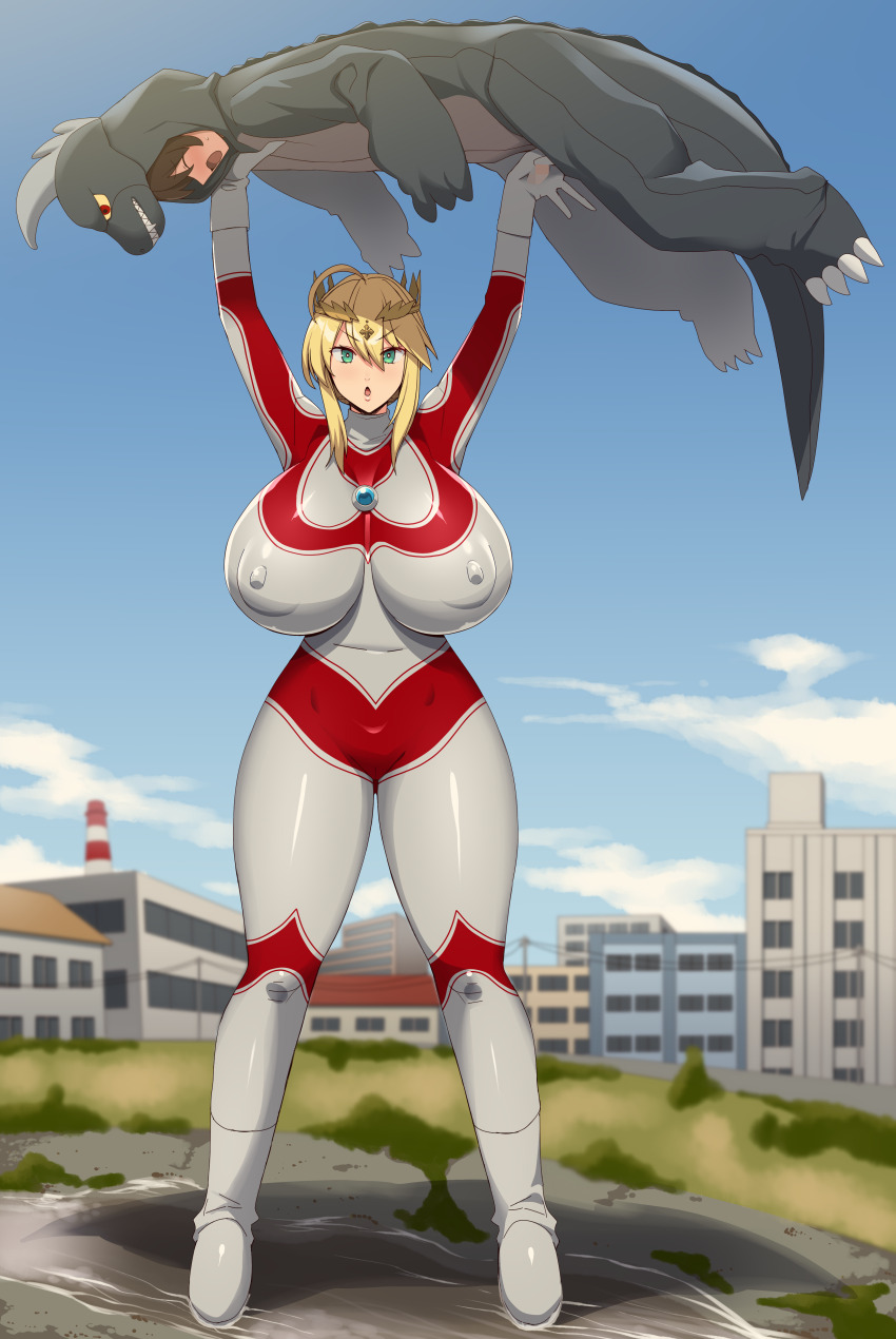 1boy 1girl absurdres age_difference ahoge artoria_pendragon_(fate) artoria_pendragon_(lancer)_(fate) blurry blurry_background bodysuit breasts brown_hair building censored closed_eyes cloud commentary_request cosplay covered_erect_nipples crown fate/grand_order fate_(series) full_body green_eyes grey_bodysuit hair_between_eyes hair_ornament handjob highres huge_breasts kloah lips mosaic_censoring multicolored_bodysuit onee-shota open_mouth shadow sidelocks sky sweat tokusatsu