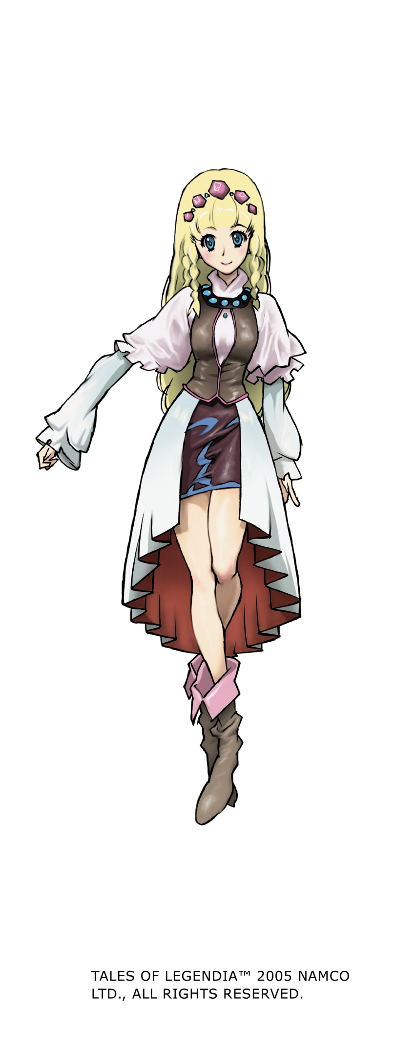 00s 1girl 2005 absurdres blonde_hair blue_eyes boots braid brooch crossed_legs dress female_focus full_body hair_ornament highres jewelry knee_boots long_hair long_image long_sleeves miniskirt nakazawa_kazuto official_art shirley_fennes skirt smile solo standing tales_of_(series) tales_of_legendia tall_image vest watson_cross white_background