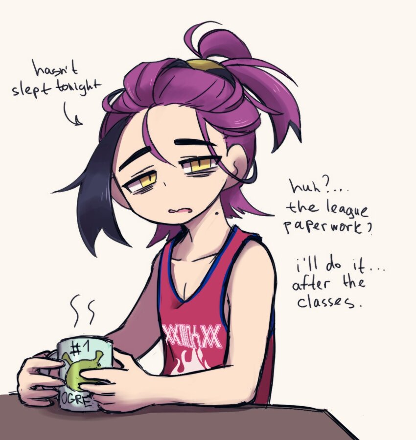 1boy bags_under_eyes black_hair commentary cup english_commentary english_text hair_between_eyes highres holding holding_cup kieran_(pokemon) looking_at_viewer male_focus mole mole_on_neck mug multicolored_hair nintendo parted_lips pokemon pokemon_sv purple_hair red_tank_top sharkfire22 shrek shrek_(series) simple_background solo table tank_top upper_body yellow_eyes
